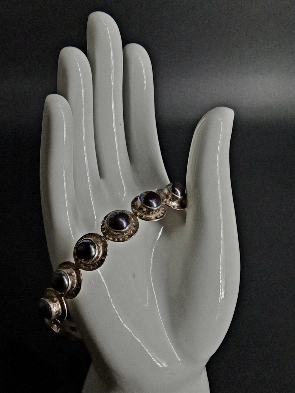 Handcrafted Sterling Link Bracelet with Dark Purple Cabochons